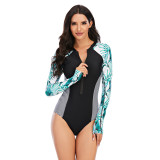 Contrast Leaf & Striped Surfing Long Sleeve One Piece Swimsuit