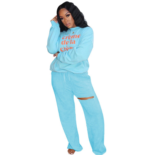 Ripped Blue Letter Print Casual Sweatsuits