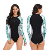 Contrast Leaf & Striped Surfing Long Sleeve One Piece Swimsuit