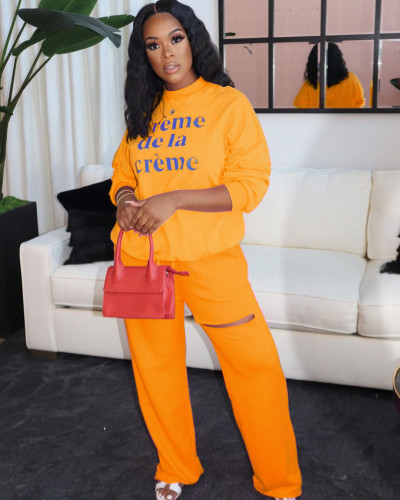 Ripped Orange Letter Print Casual Sweatsuits