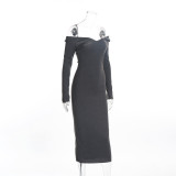 Gray Deep-V Rib Knit Midi Dress