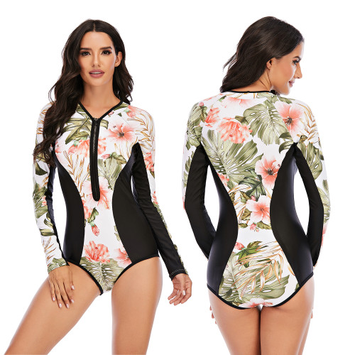 Contrast Plant Print Splicing Long Sleeve One Piece Swimsuit