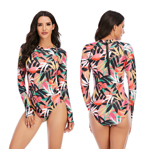 Leaf Print Surfing Long Sleeve One Piece Swimsuit