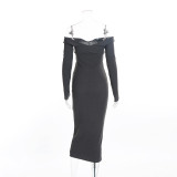 Gray Deep-V Rib Knit Midi Dress