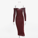 Burgundy Deep-V Rib Knit Midi Dress