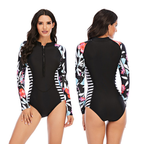 Floral & Striped Contrast Surfing One Piece Rash Guard