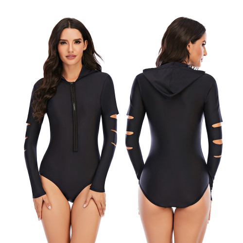 Black Ripped Surfing One Piece Rash Guard with Hood