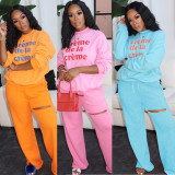 Ripped Pink Letter Print Casual Sweatsuits
