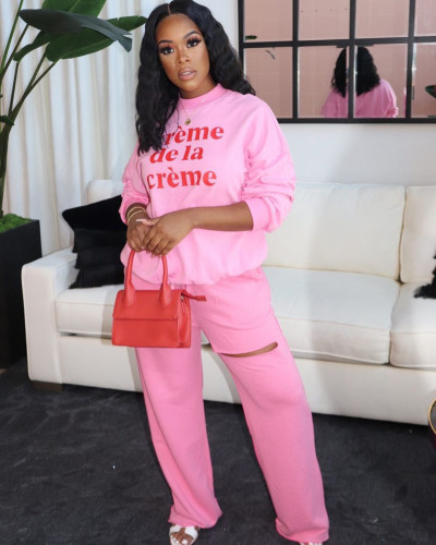 Ripped Pink Letter Print Casual Sweatsuits