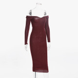 Burgundy Deep-V Rib Knit Midi Dress