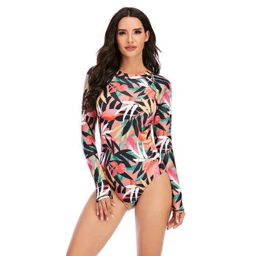 Leaf Print Surfing Long Sleeve One Piece Swimsuit
