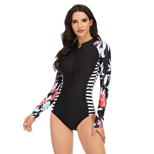 Floral & Striped Contrast Surfing One Piece Rash Guard