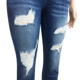 Fashion Dark Blue Denim Tight Ripped Jeans