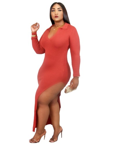 Solid Turn Down Collar Long Sleeve Knitted Slit Maxi Dress