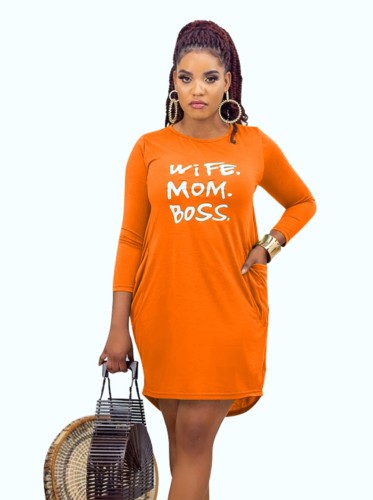 Letter Print Orange Round Neck Long Sleeve T-Shirt Dress