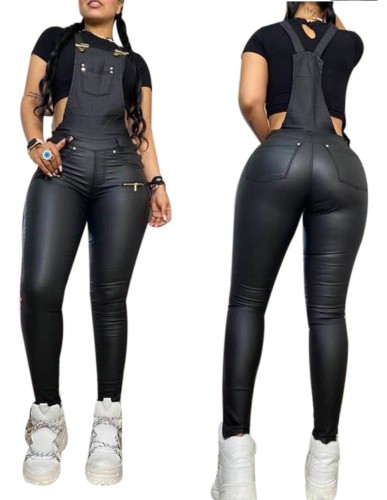 Black PU Leather Bib Overalls Jumpsuit