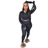 Black Matching Crop Top and Tight Pants Sports Two Piece Set