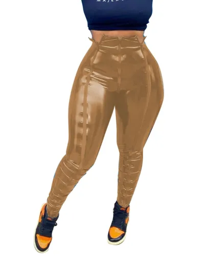 Brown Patent PU Leather Tight Pants