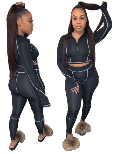 Black Matching Crop Top and Tight Pants Sports Two Piece Set