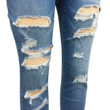 Fashion Blue Denim Tight Ripped Jeans