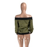 Army Green Off Shoulder Zip Up Jacket