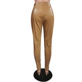 Brown Patent PU Leather Tight Pants