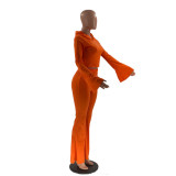 Orange Cropped Hoodie & Bell Bottom Pants Matching Two Piece Set