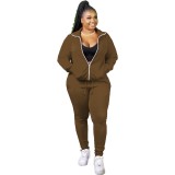 Plus Size Brown Tracksuit with Contrast Zipper