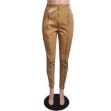 Brown Patent PU Leather Tight Pants