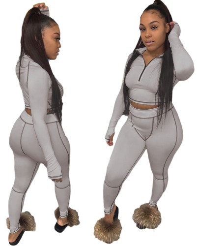 Gray Matching Crop Top and Tight Pants Sports Two Piece Set