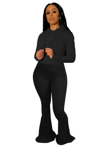 Black Hoodie and Flare Pants Two Piece Set