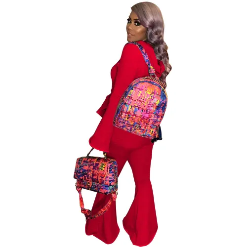 Red Cropped Hoodie & Bell Bottom Pants Matching Two Piece Set