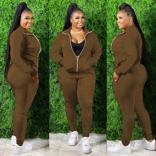 Plus Size Brown Tracksuit with Contrast Zipper
