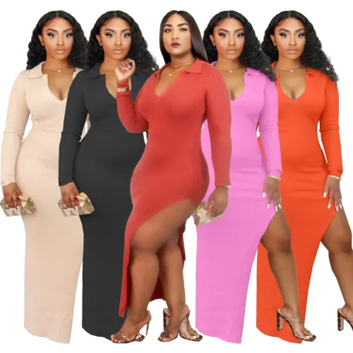 Solid Turn Down Collar Long Sleeve Knitted Slit Maxi Dress