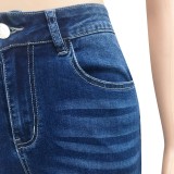 Fashion Dark Blue Denim Tight Ripped Jeans