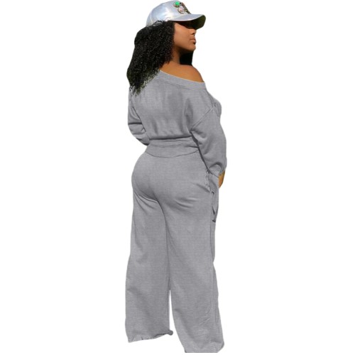 Pure Color Lace Up Wide Leg Two Piece Pants Set