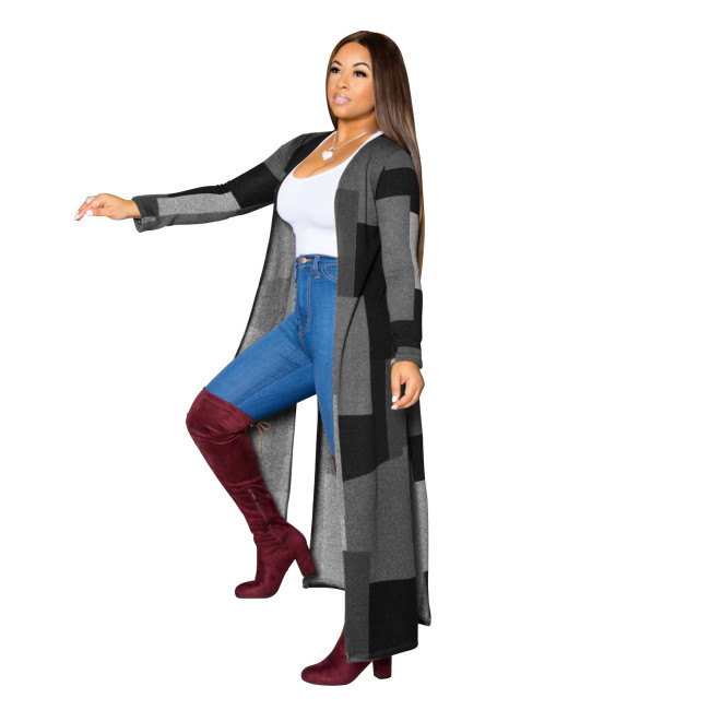Plus Size Black & Gray Print Long Cardigan Coat