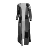 Plus Size Black & Gray Print Long Cardigan Coat