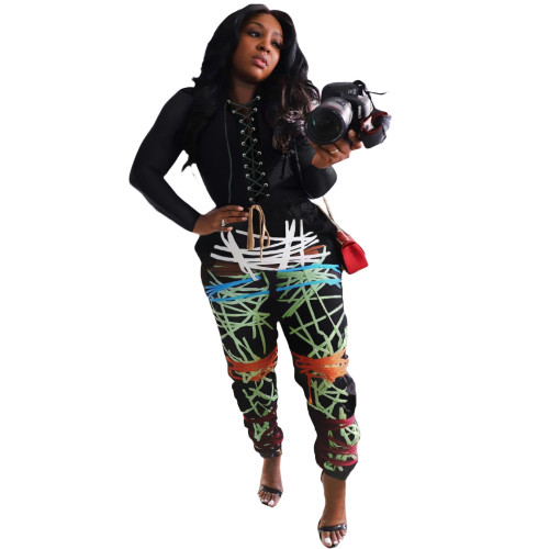 Black Lace Up Top and Print Pants Two Piece Set