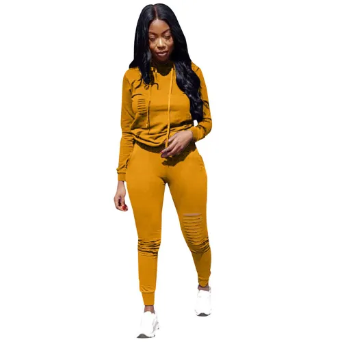 Solid Yellow Ripped Hooded Sweatsuit