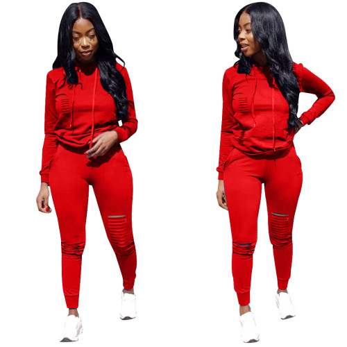 Solid Red Ripped Hooded Sweatsuit