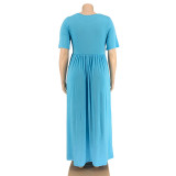 Plus Size Pure Blue Casual Maxi Dress