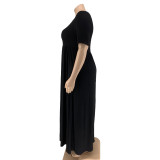 Plus Size Pure Black Casual Maxi Dress