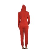 Solid Red Ripped Hooded Sweatsuit