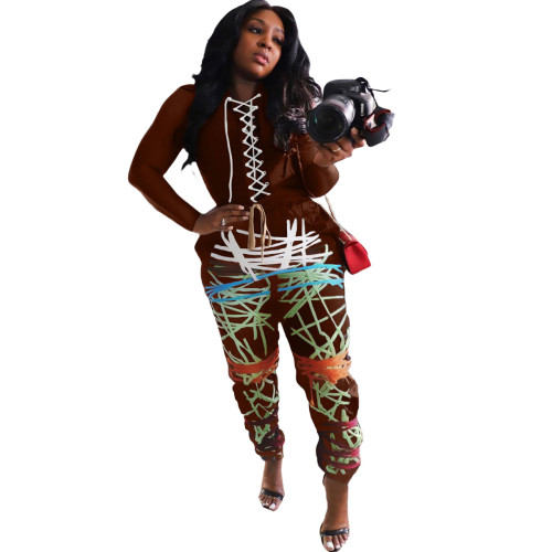 Brown Lace Up Top and Print Pants Two Piece Set