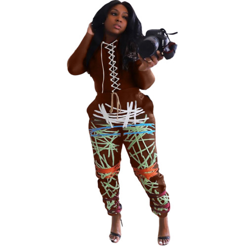 Brown Lace Up Top and Print Pants Two Piece Set