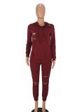 Solid Burgundy Ripped Hooded Sweatsuit