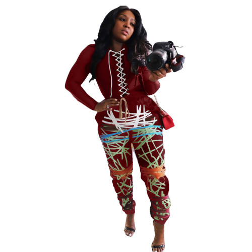 Red Lace Up Top and Print Pants Two Piece Set