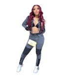 Gray Denim Short Jacket & Jeans Two Piece Set