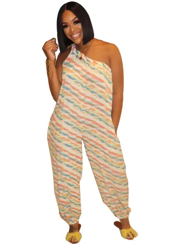 Print Beige One Shoulder Sleeveless Jumpsuit